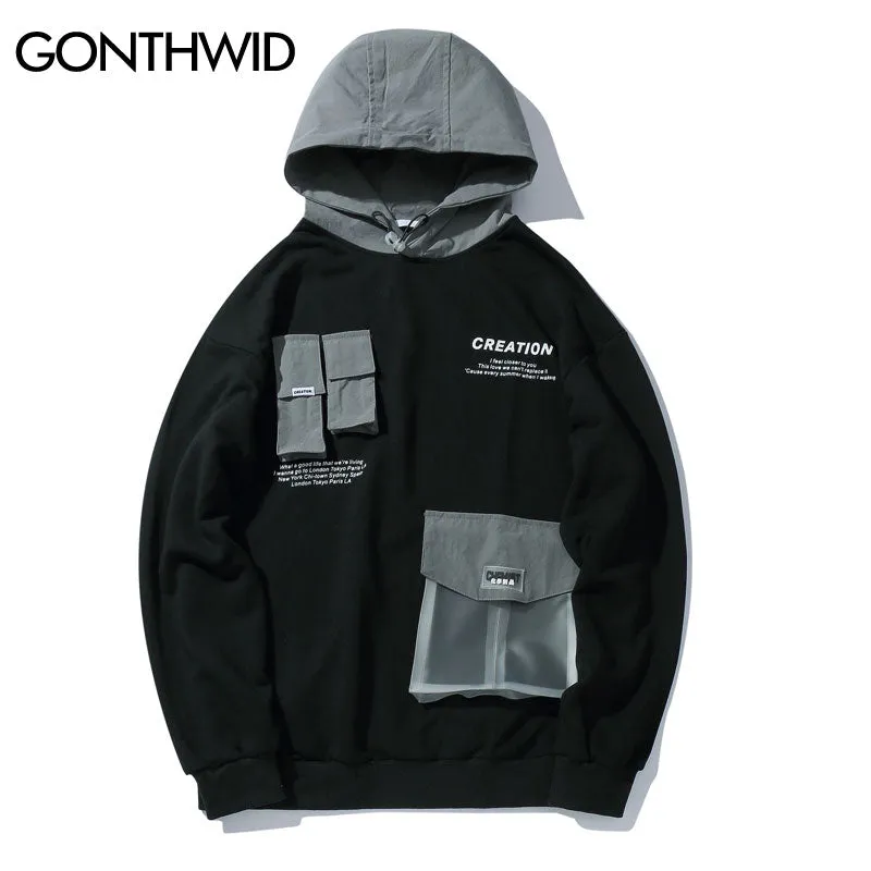 Front Pockets Color Block Patchwork Hoodies