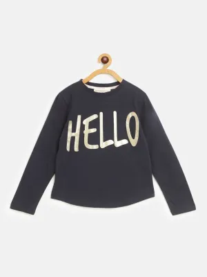 Girls Navy Hello Print Full Sleeve T-Shirts - Lyush Kids