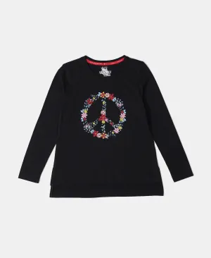 Girl's Super Combed Cotton Graphic Printed Full Sleeve T-Shirt - Black
