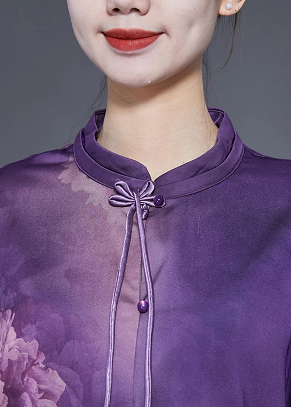 Handmade Purple Stand Collar Tassel Print Silk Shirts Spring LY1825