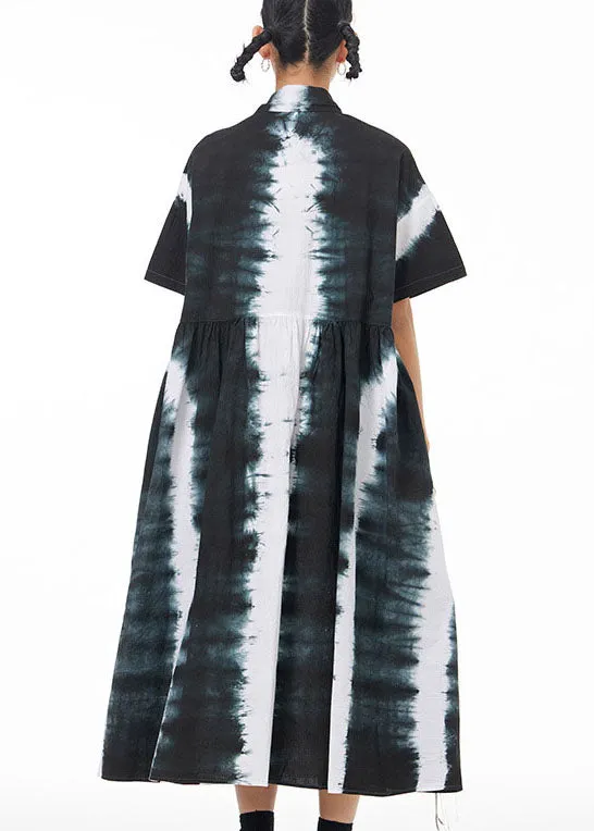 Italian Black Peter Pan Collar Wrinkled Tie Dye Patchwork Cotton Shirts Dress Summer LY1235