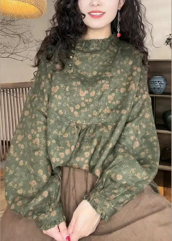 Italian Green Print Ruffled Patchwork Linen Shirts Fall ML2343