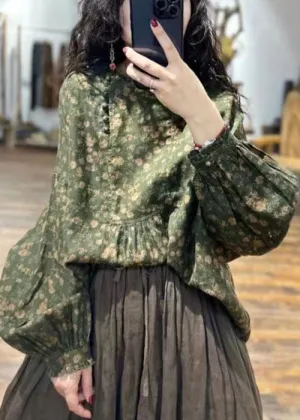 Italian Green Print Ruffled Patchwork Linen Shirts Fall ML2343