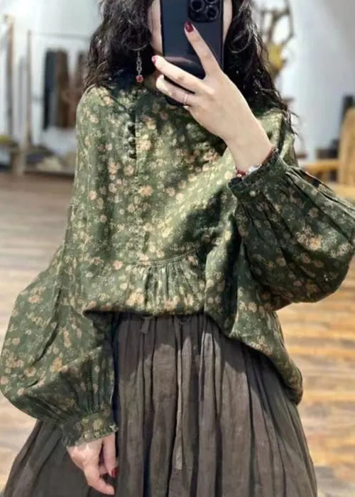 Italian Green Print Ruffled Patchwork Linen Shirts Fall ML2343
