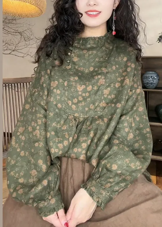 Italian Green Print Ruffled Patchwork Linen Shirts Fall ML2343