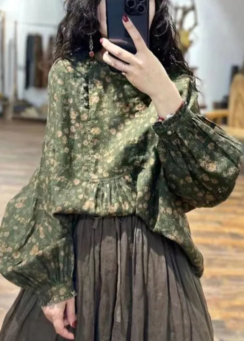 Italian Green Print Ruffled Patchwork Linen Shirts Fall ML2343