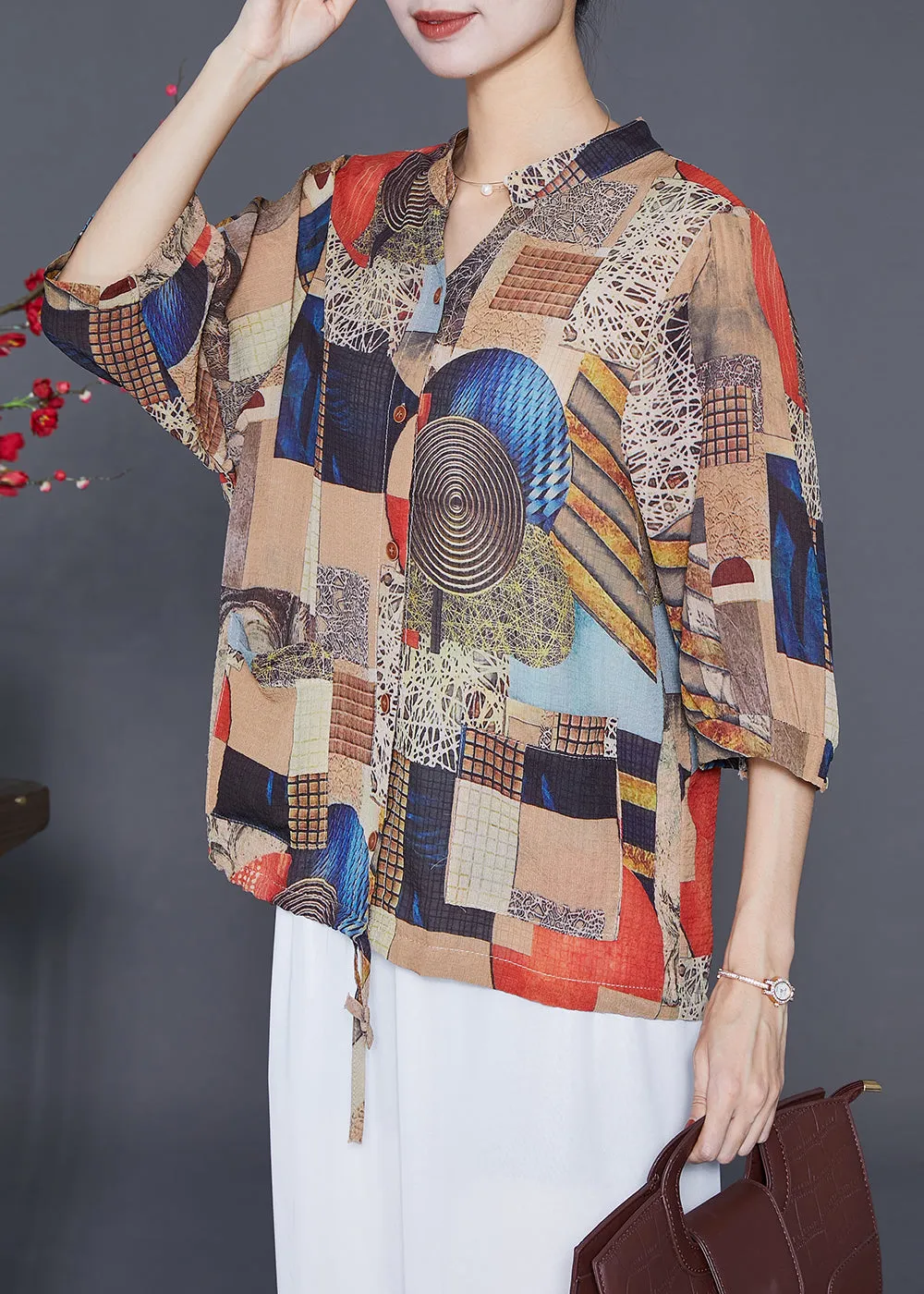 Khaki Print Chiffon Shirts Stand Collar Drawstring Half Sleeve LY6562