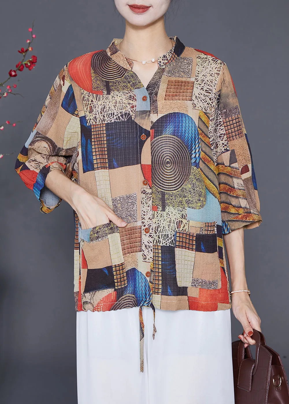 Khaki Print Chiffon Shirts Stand Collar Drawstring Half Sleeve LY6562