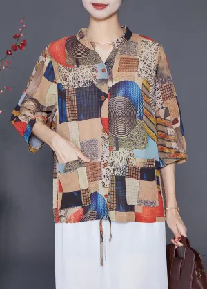 Khaki Print Chiffon Shirts Stand Collar Drawstring Half Sleeve LY6562