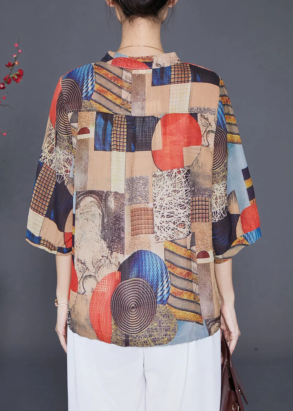 Khaki Print Chiffon Shirts Stand Collar Drawstring Half Sleeve LY6562