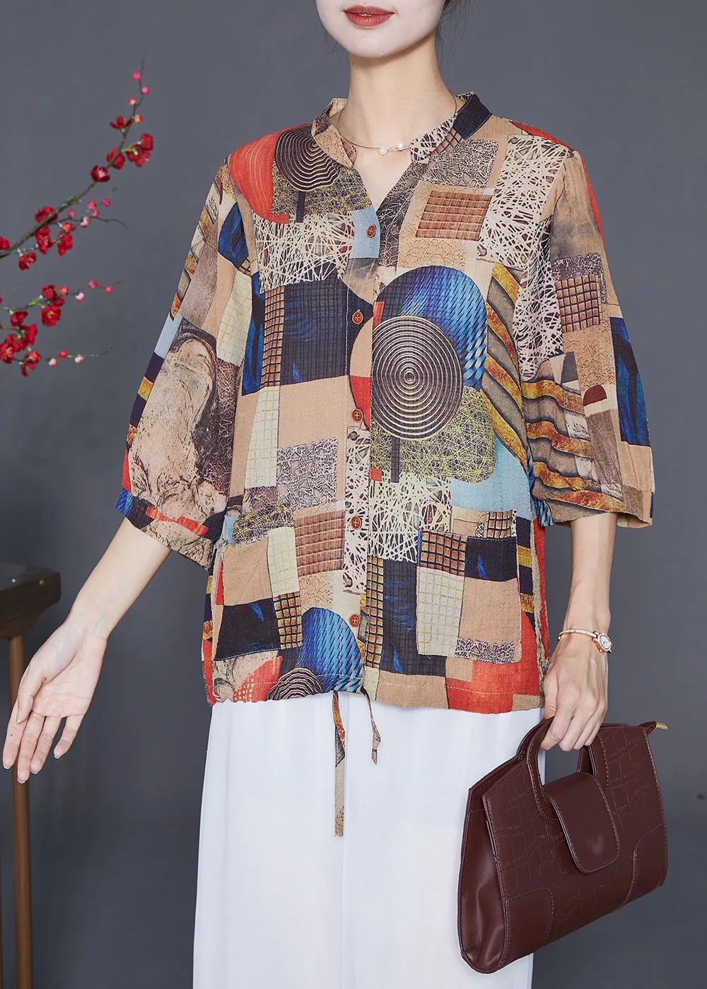 Khaki Print Chiffon Shirts Stand Collar Drawstring Half Sleeve LY6562