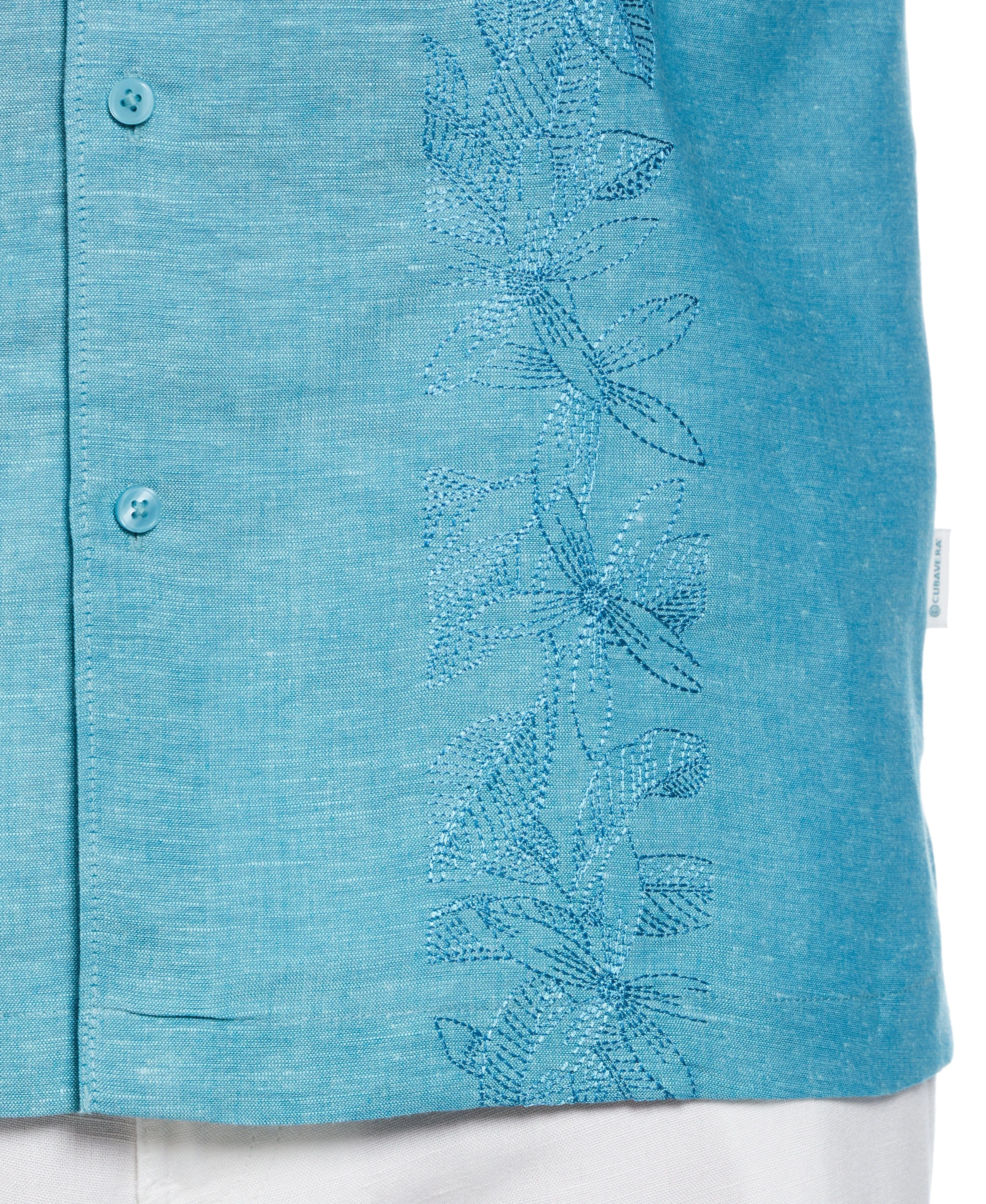 Linen Blend Tropical Embroidery Panel Shirt