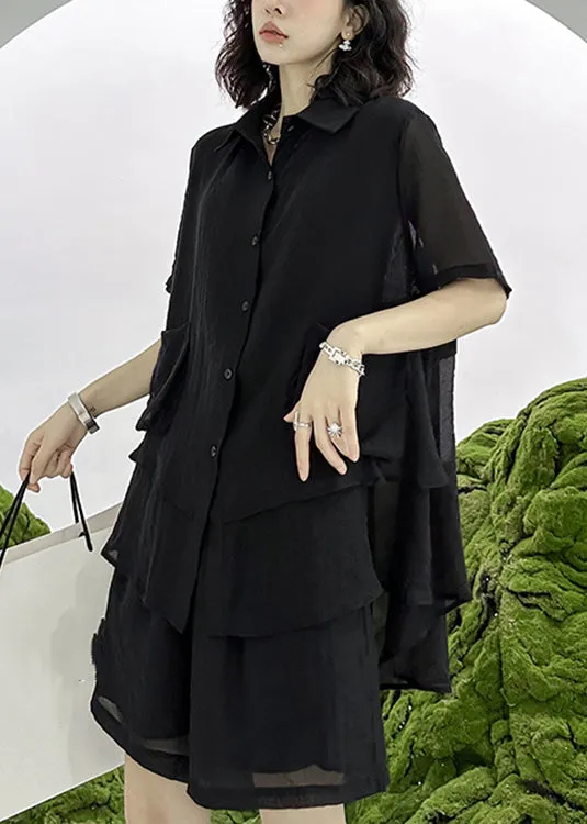 Loose Black Asymmetrical Patchwork Shirts And Shorts Cotton Two Pieces Set Summer LY9496