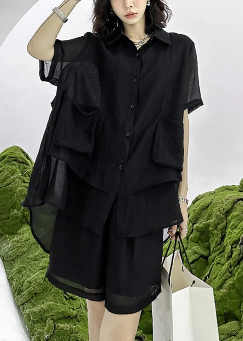 Loose Black Asymmetrical Patchwork Shirts And Shorts Cotton Two Pieces Set Summer LY9496