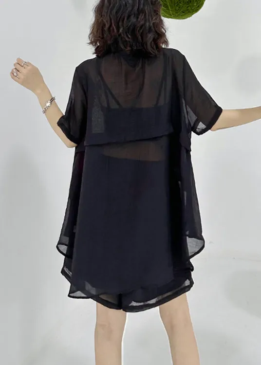 Loose Black Asymmetrical Patchwork Shirts And Shorts Cotton Two Pieces Set Summer LY9496