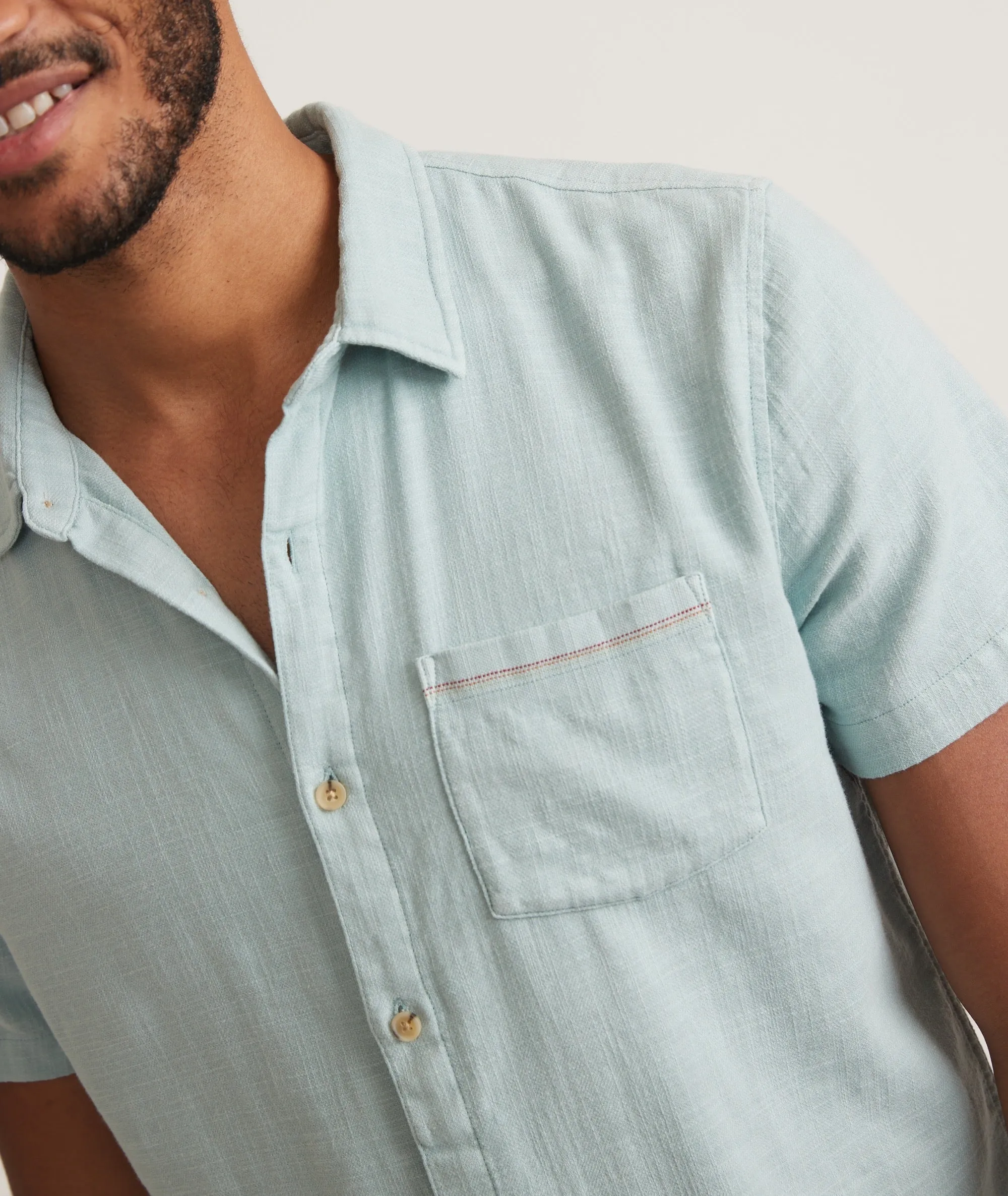 Marine Layer Classic Stretch Selvage Short Sleeve Shirt in Pale Blue