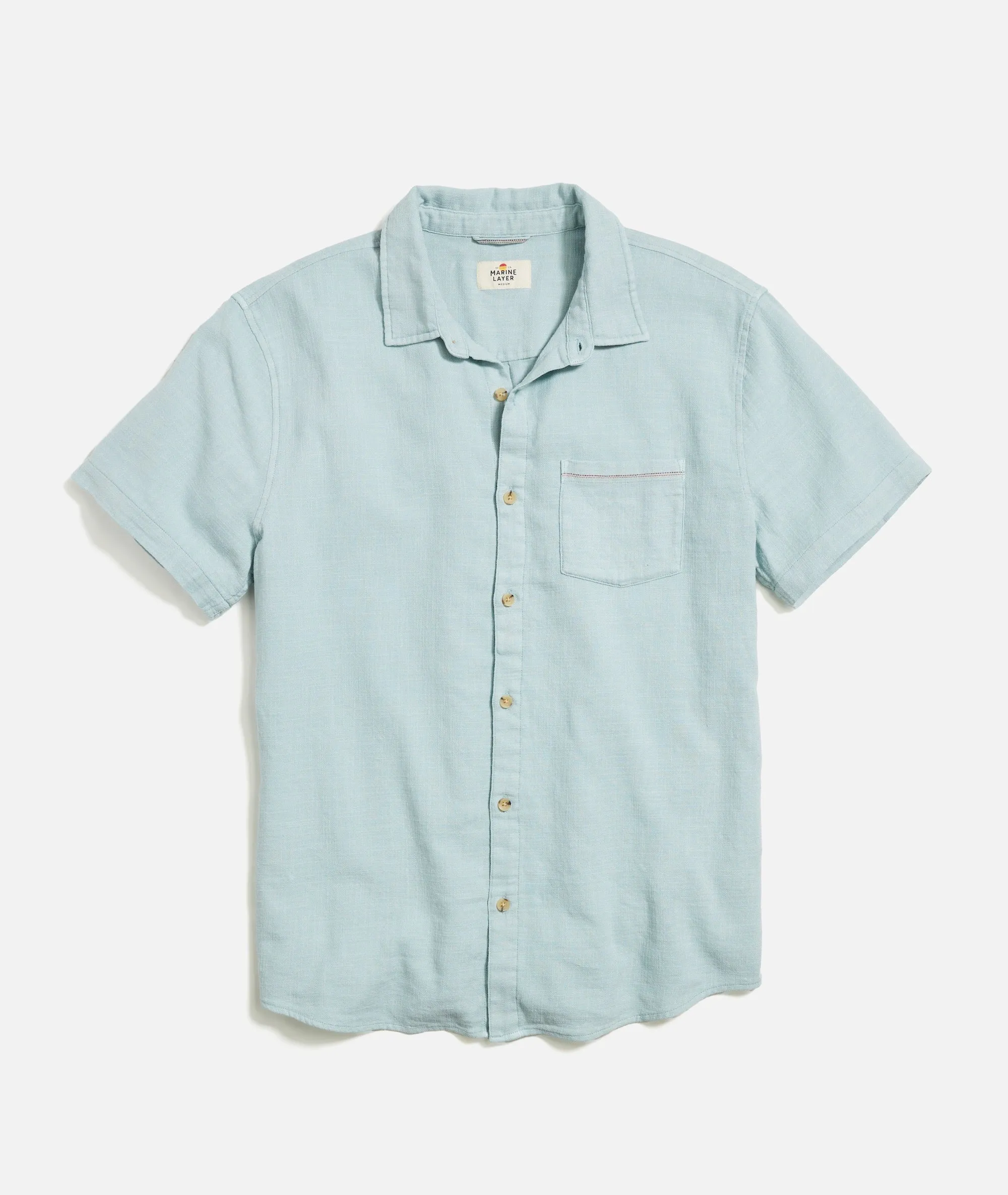 Marine Layer Classic Stretch Selvage Short Sleeve Shirt in Pale Blue