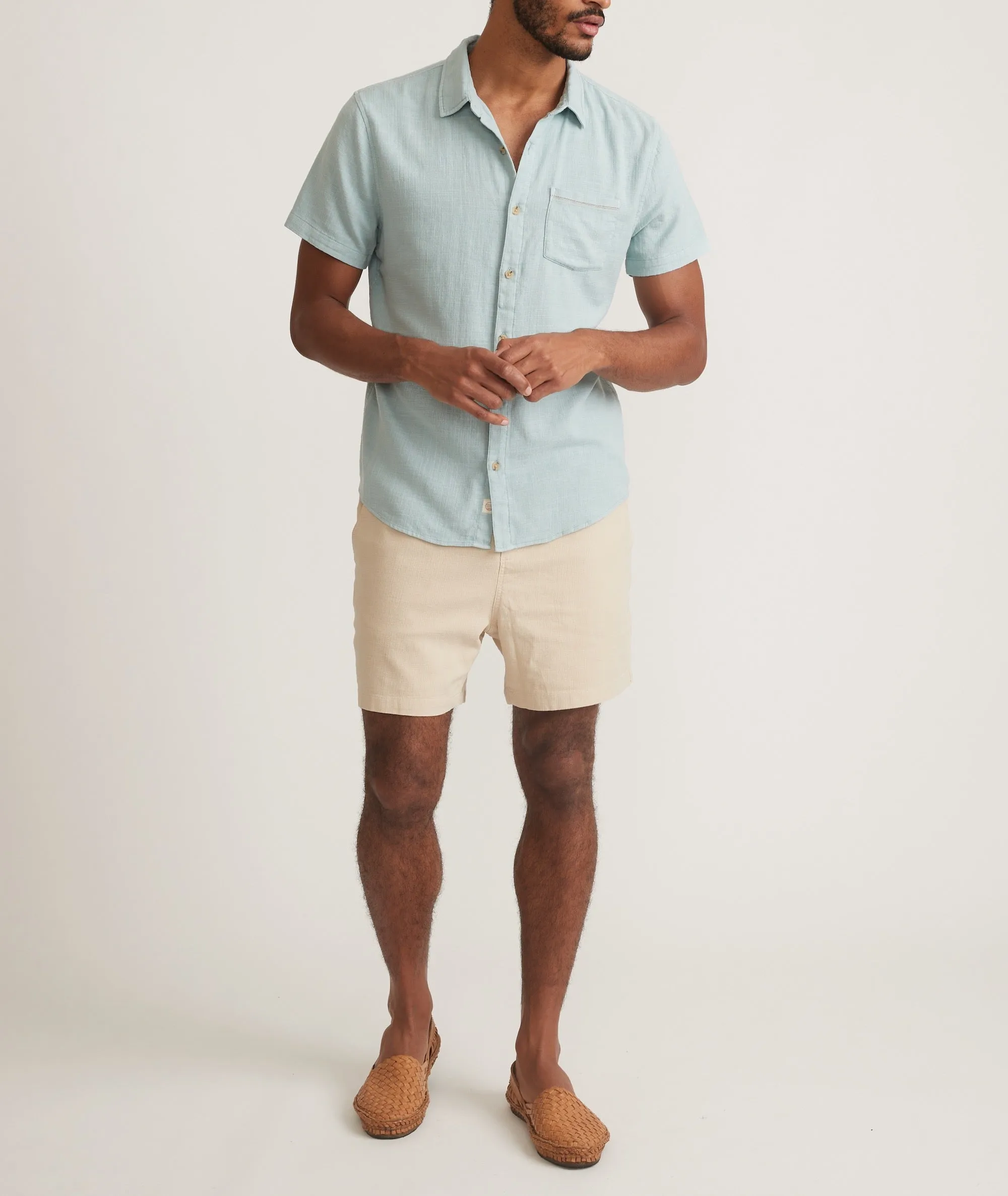 Marine Layer Classic Stretch Selvage Short Sleeve Shirt in Pale Blue