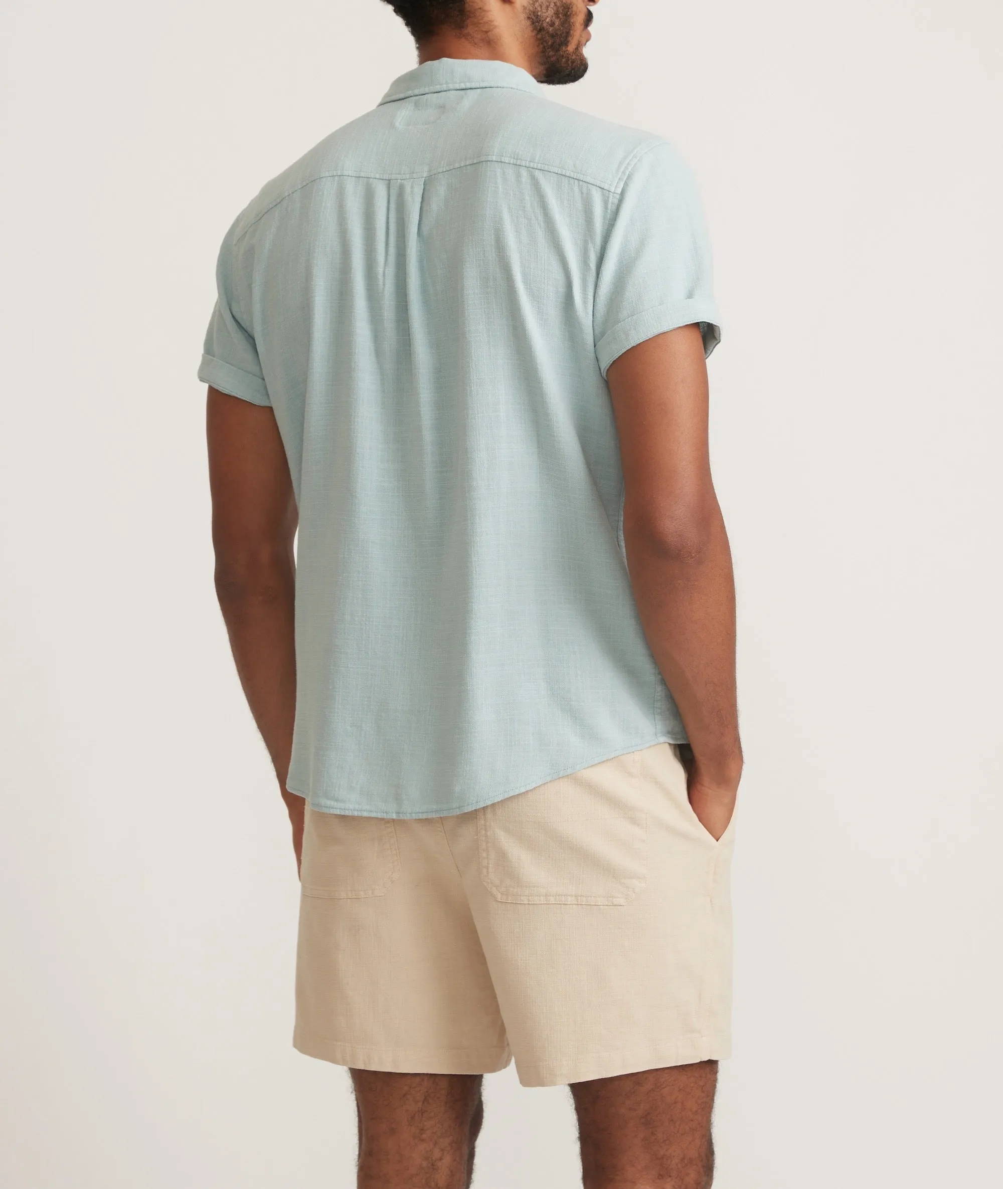 Marine Layer Classic Stretch Selvage Short Sleeve Shirt in Pale Blue