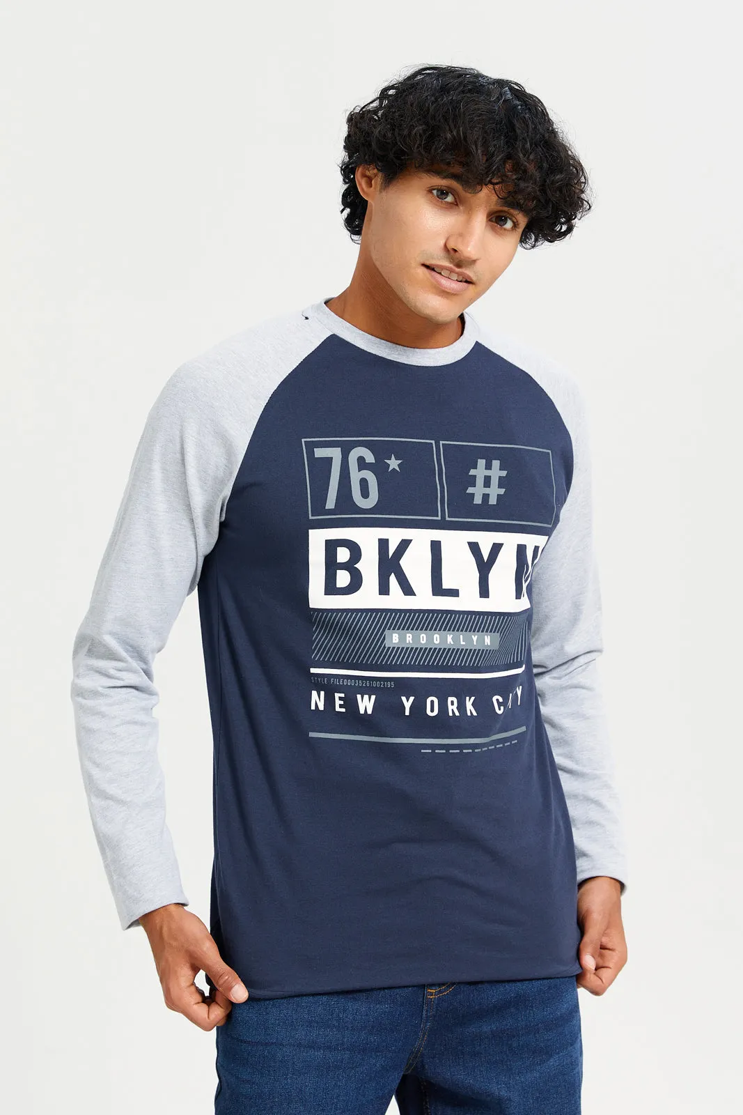 Men Navy And Grey Long Sleeves Printed T-shirt
