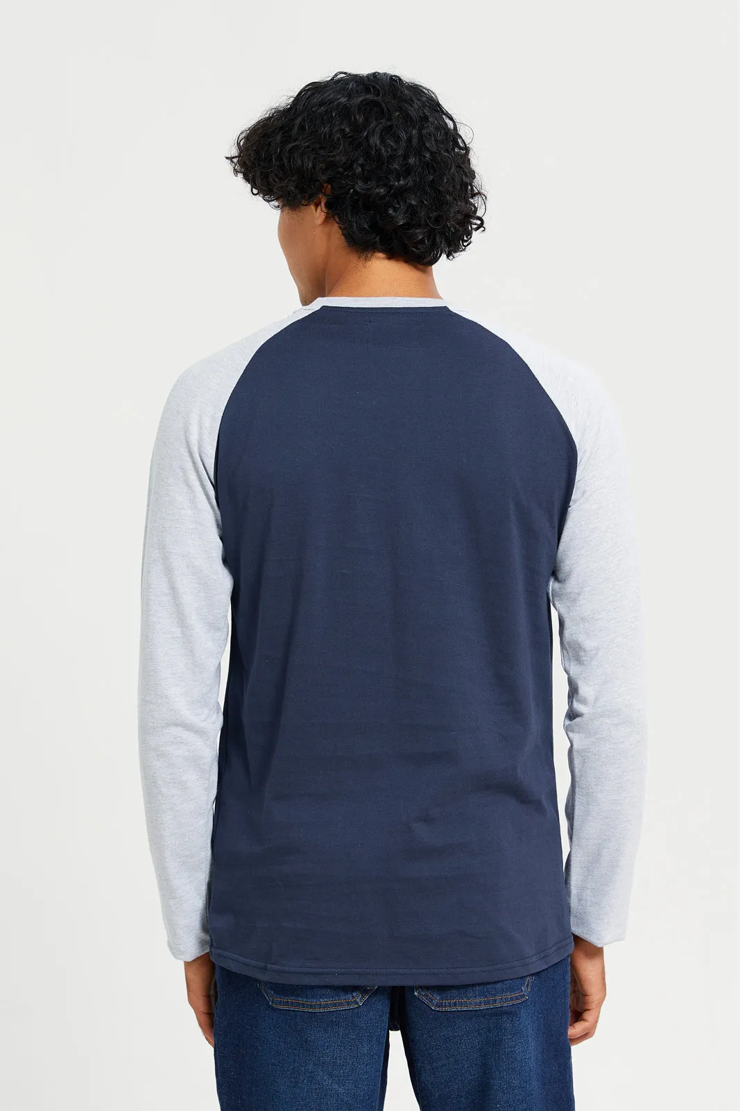 Men Navy And Grey Long Sleeves Printed T-shirt