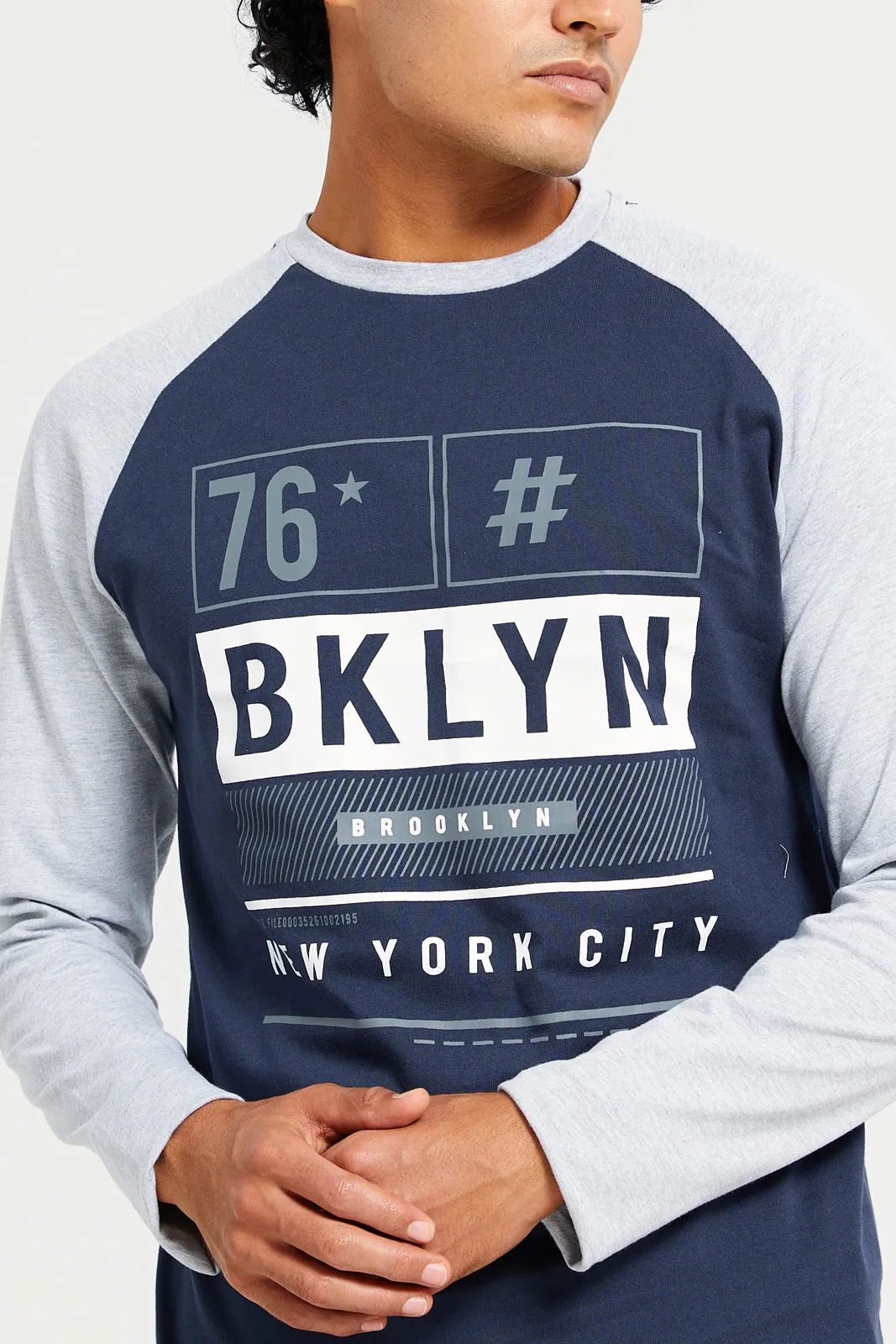 Men Navy And Grey Long Sleeves Printed T-shirt