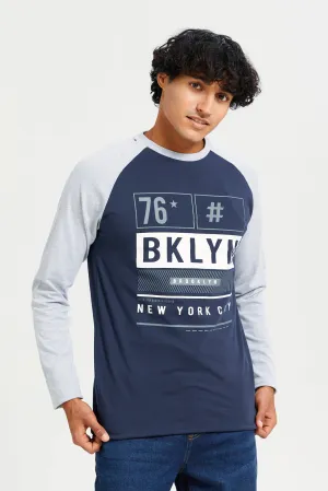 Men Navy And Grey Long Sleeves Printed T-shirt
