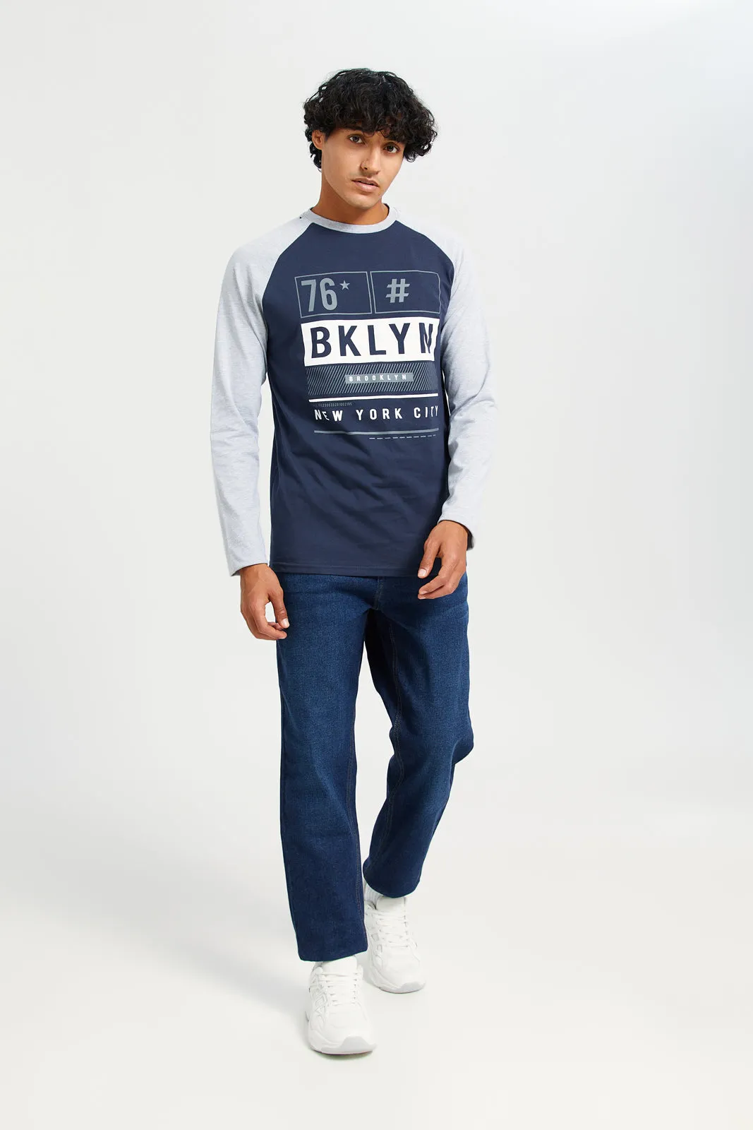 Men Navy And Grey Long Sleeves Printed T-shirt