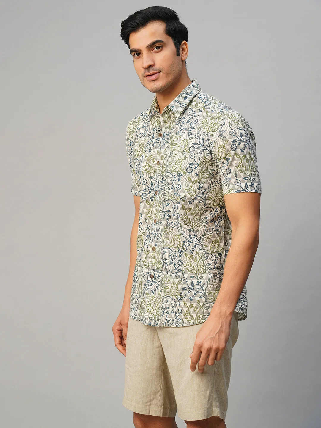 Men's Cotton Hand Block Printed Regular Fit Multi Shirt