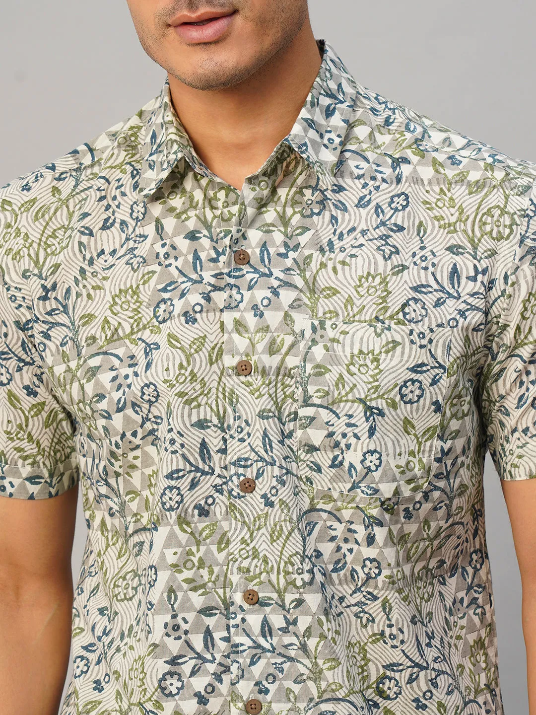 Men's Cotton Hand Block Printed Regular Fit Multi Shirt