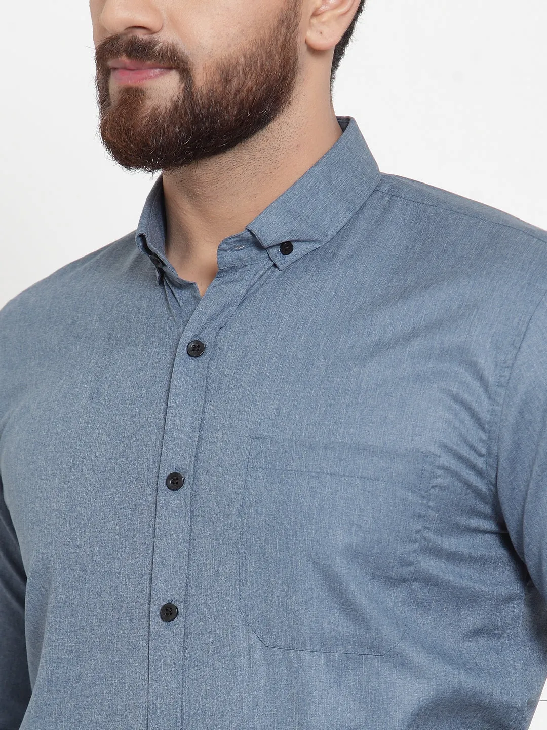 Men's Grey Cotton Solid Button Down Formal Shirts ( SF 734Grey ) - Jainish