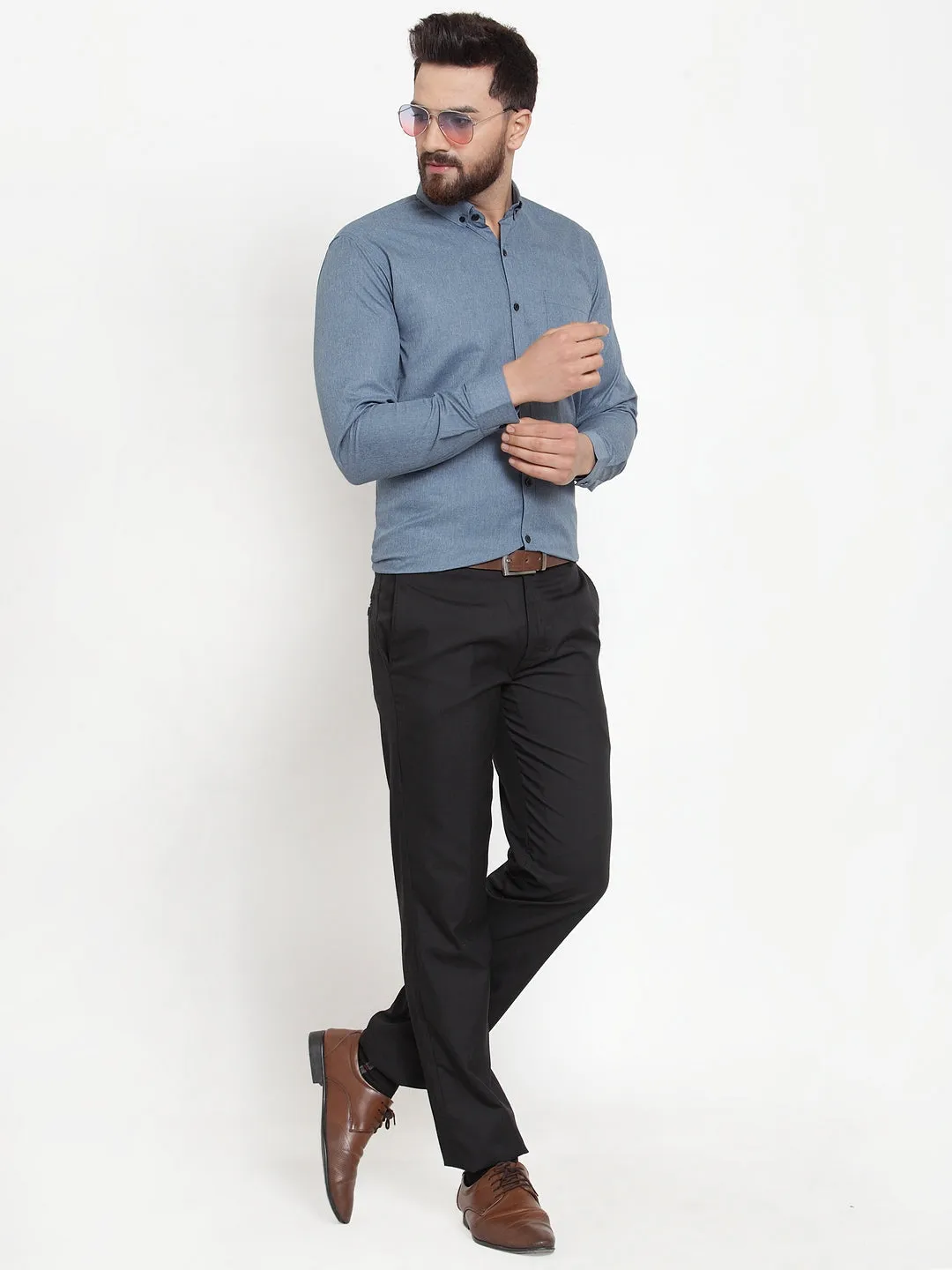 Men's Grey Cotton Solid Button Down Formal Shirts ( SF 734Grey ) - Jainish