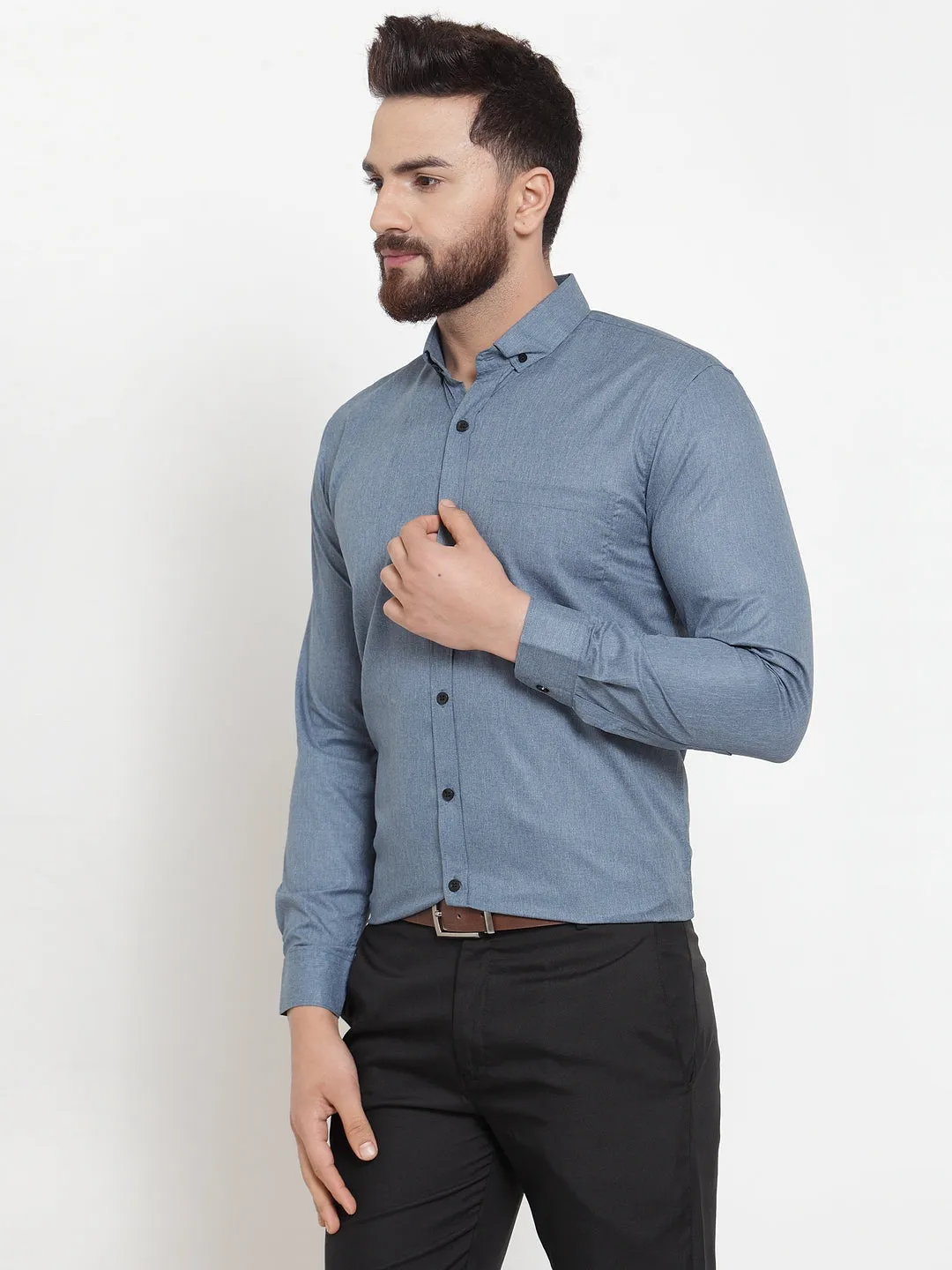 Men's Grey Cotton Solid Button Down Formal Shirts ( SF 734Grey ) - Jainish
