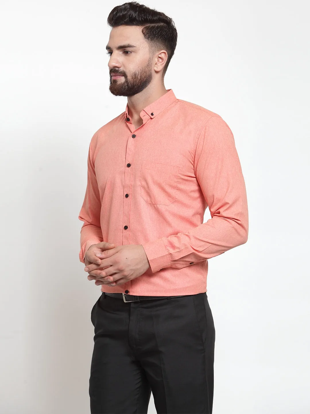 Men's Peach Cotton Solid Button Down Formal Shirts ( SF 734Peach ) - Jainish