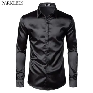 Men's Slim Fit Black Satin Dress Shirt