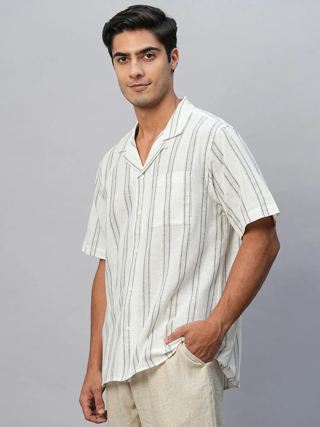 Men's White Linen Cotton Regular Fit Striped Shirt