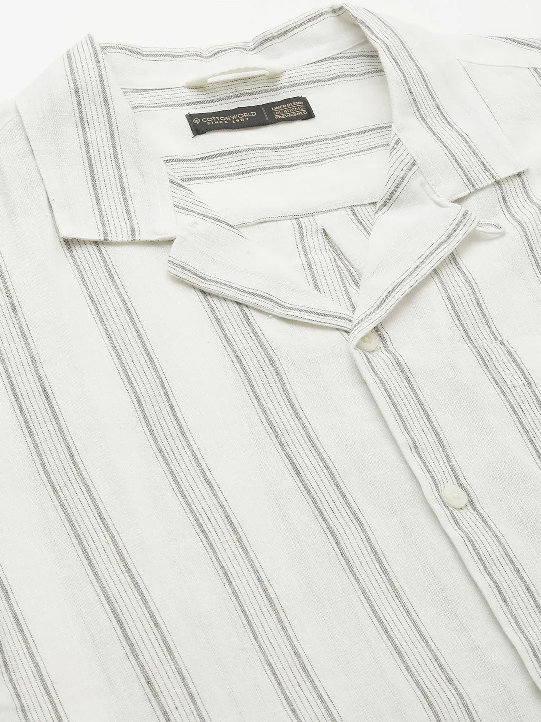 Men's White Linen Cotton Regular Fit Striped Shirt