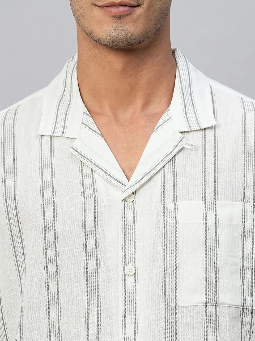 Men's White Linen Cotton Regular Fit Striped Shirt
