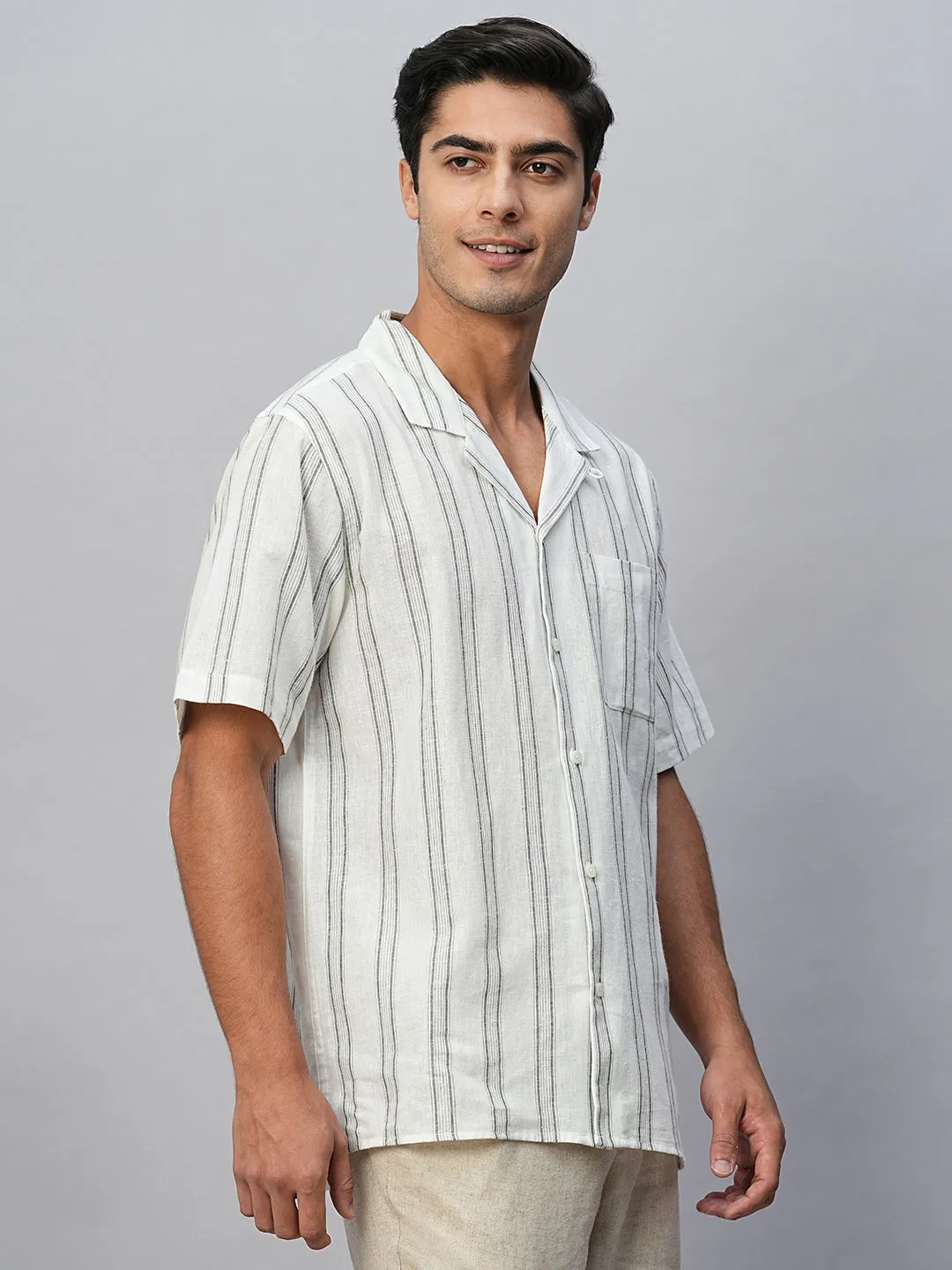 Men's White Linen Cotton Regular Fit Striped Shirt