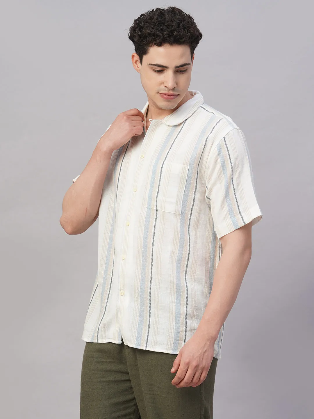 Men's White/Sky Cotton Flax Regular Fit Shirt