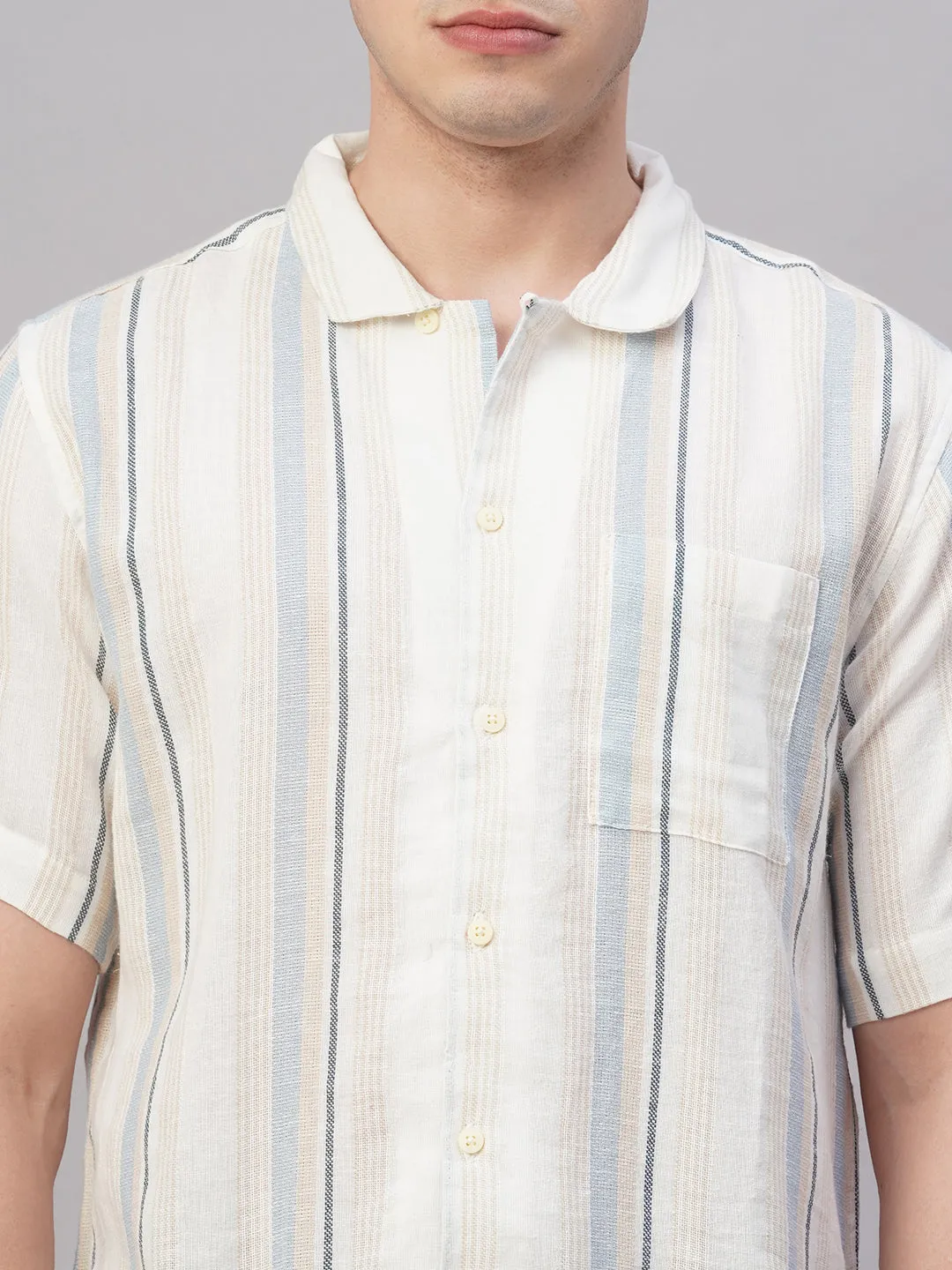 Men's White/Sky Cotton Flax Regular Fit Shirt