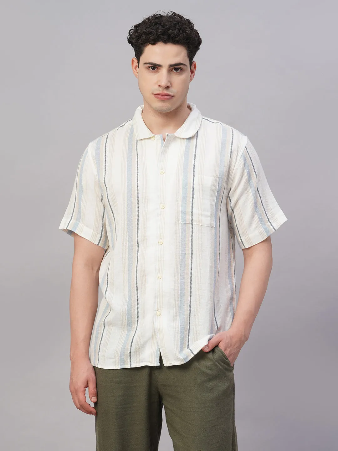 Men's White/Sky Cotton Flax Regular Fit Shirt