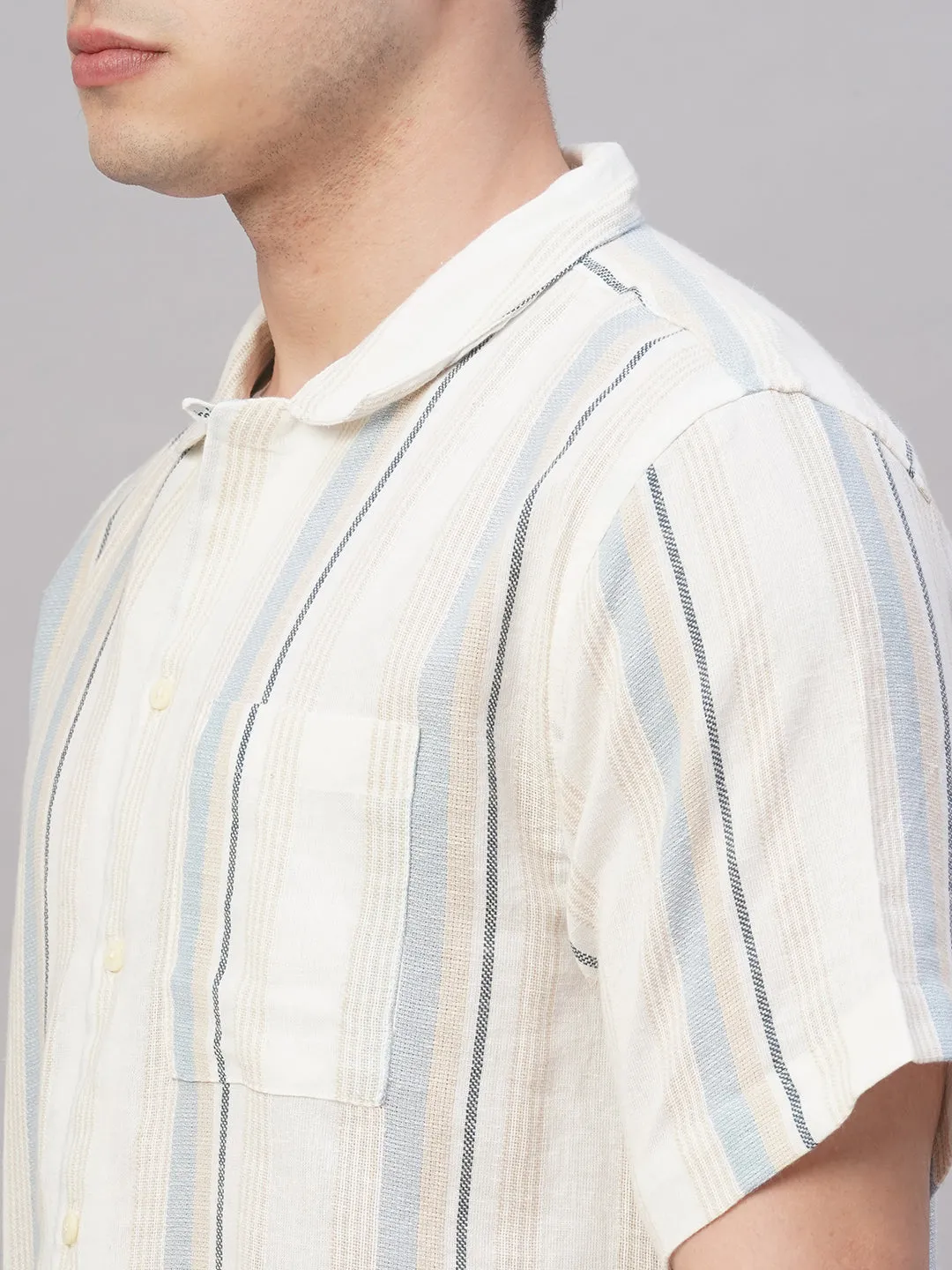 Men's White/Sky Cotton Flax Regular Fit Shirt