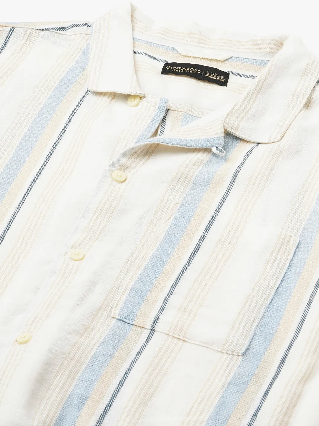 Men's White/Sky Cotton Flax Regular Fit Shirt