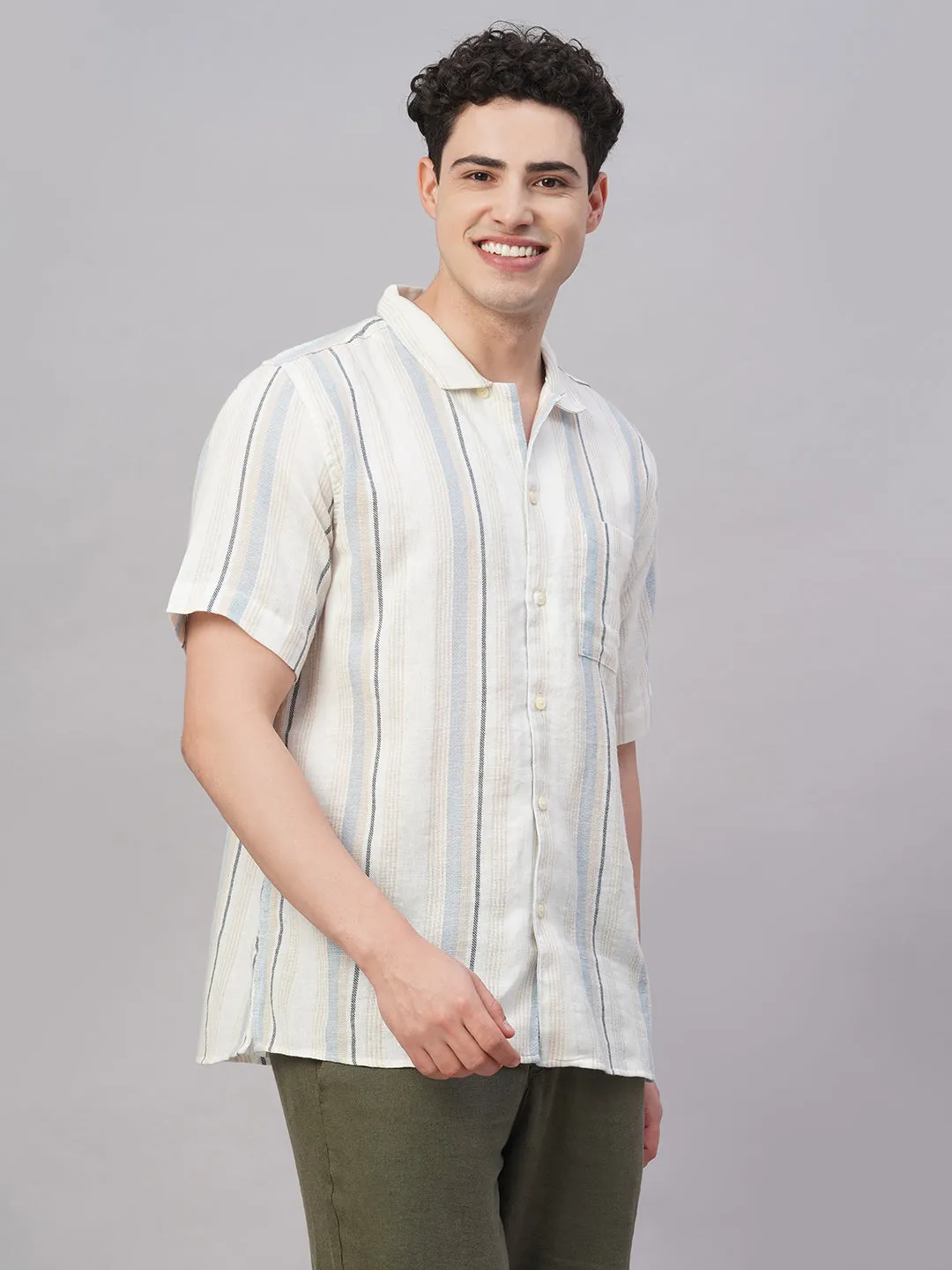 Men's White/Sky Cotton Flax Regular Fit Shirt