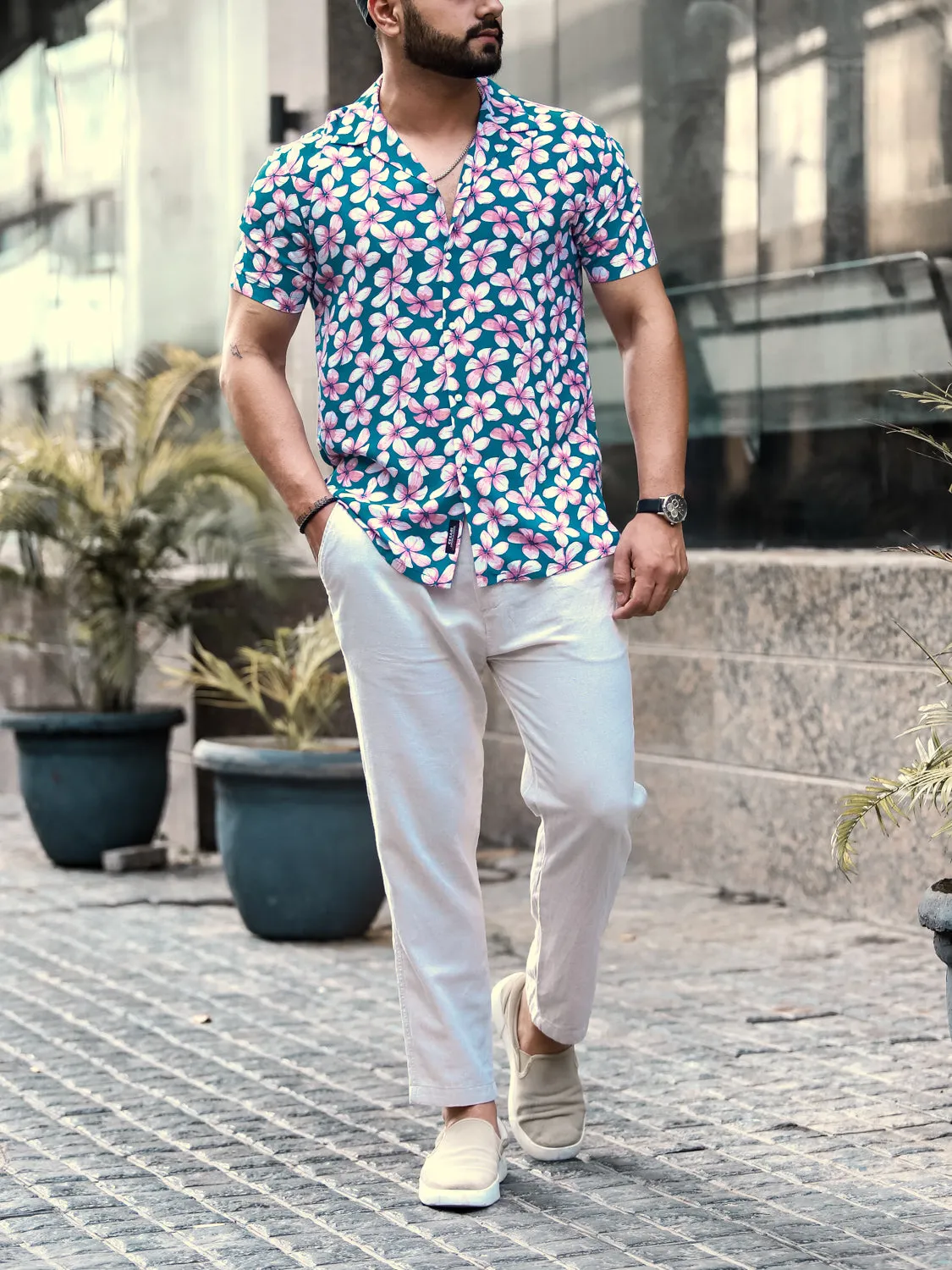Mystic Blue Floral Cuban Shirt