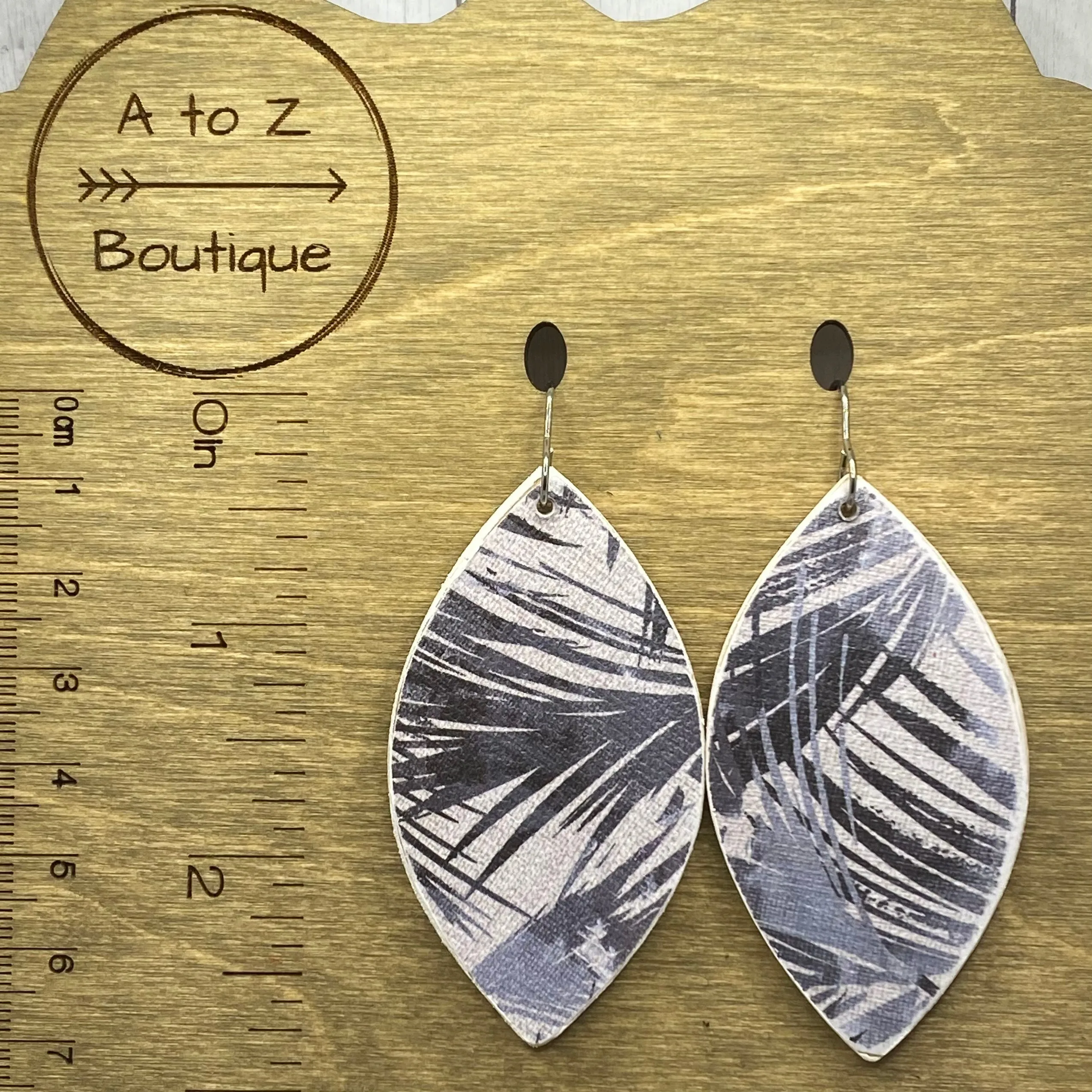 Navy Blue and White Leaf Wood Earrings