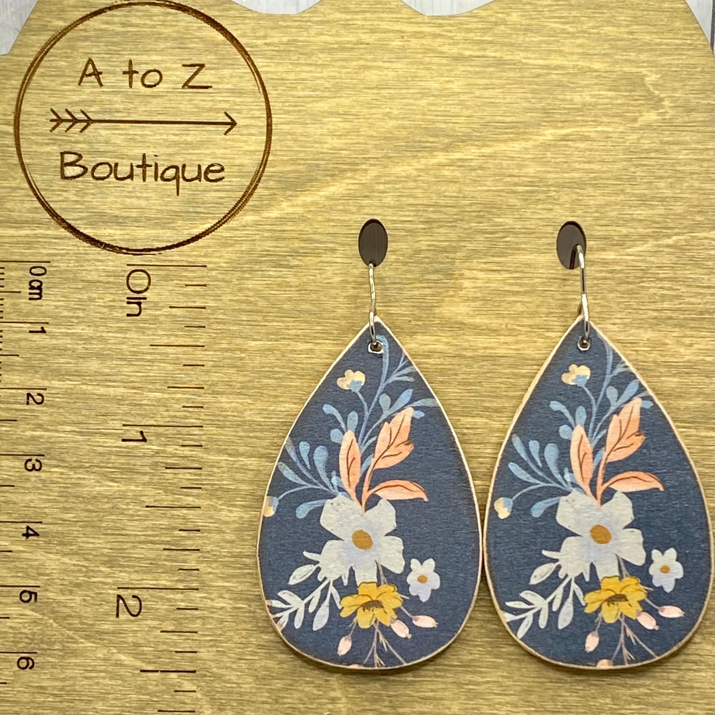 Navy Floral Wood Earrings
