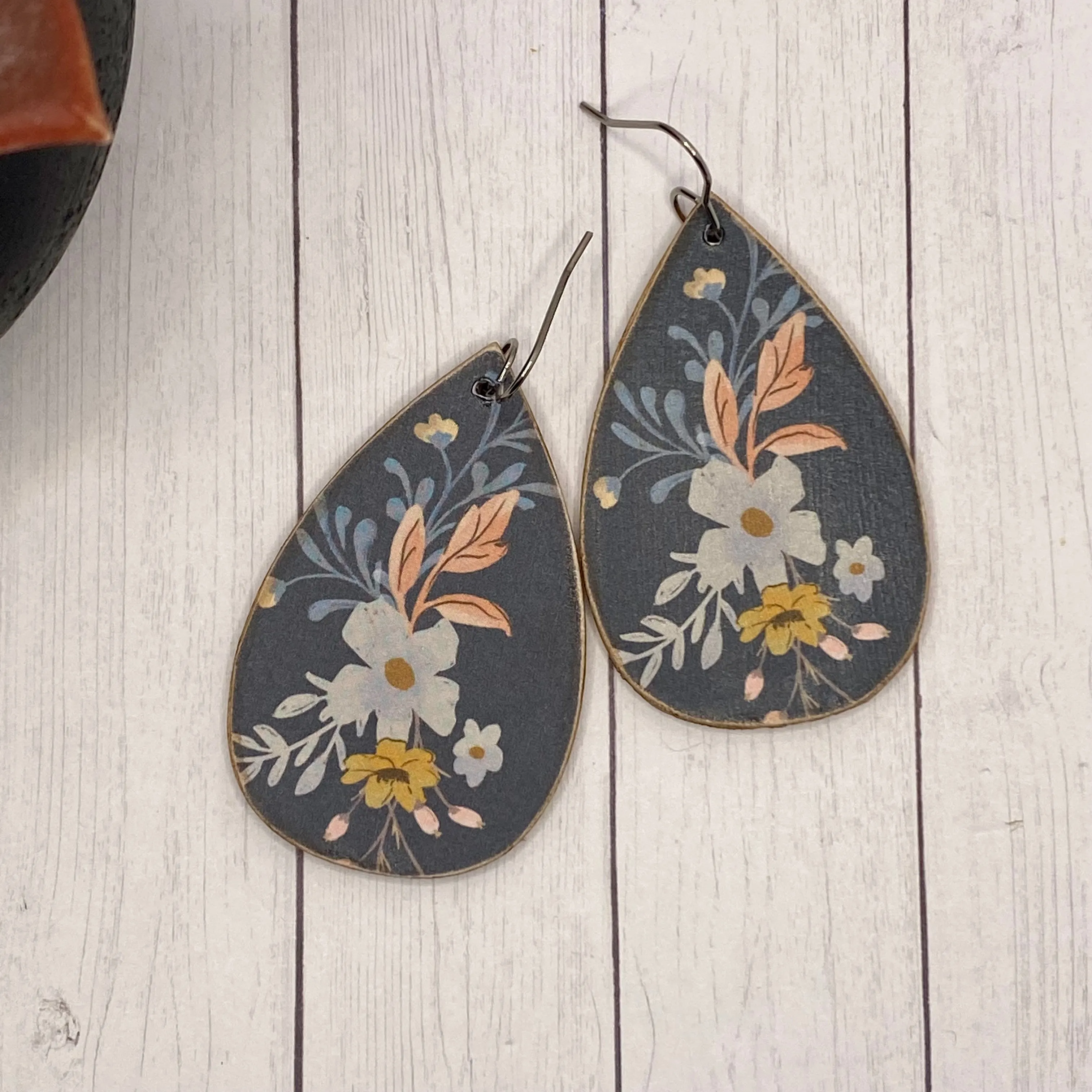 Navy Floral Wood Earrings