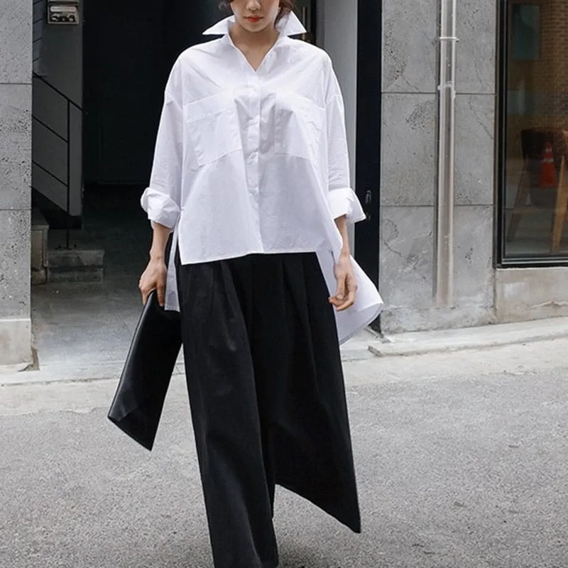 New Lapel Long Sleeve White Back Long Loose Big Size Irregular Shirt